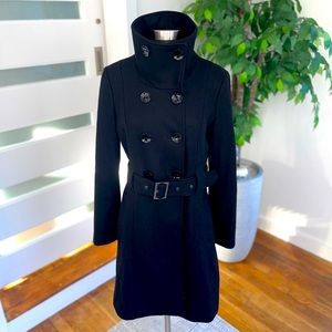 Guess Trench Dress Coat Size Medium Black Wool Blend Belted Womens